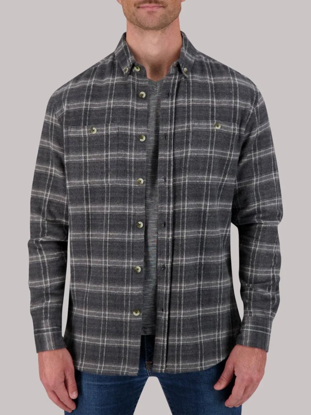 Report Collection Charcoal Grey Plaid Recycled Flannel Overshirt